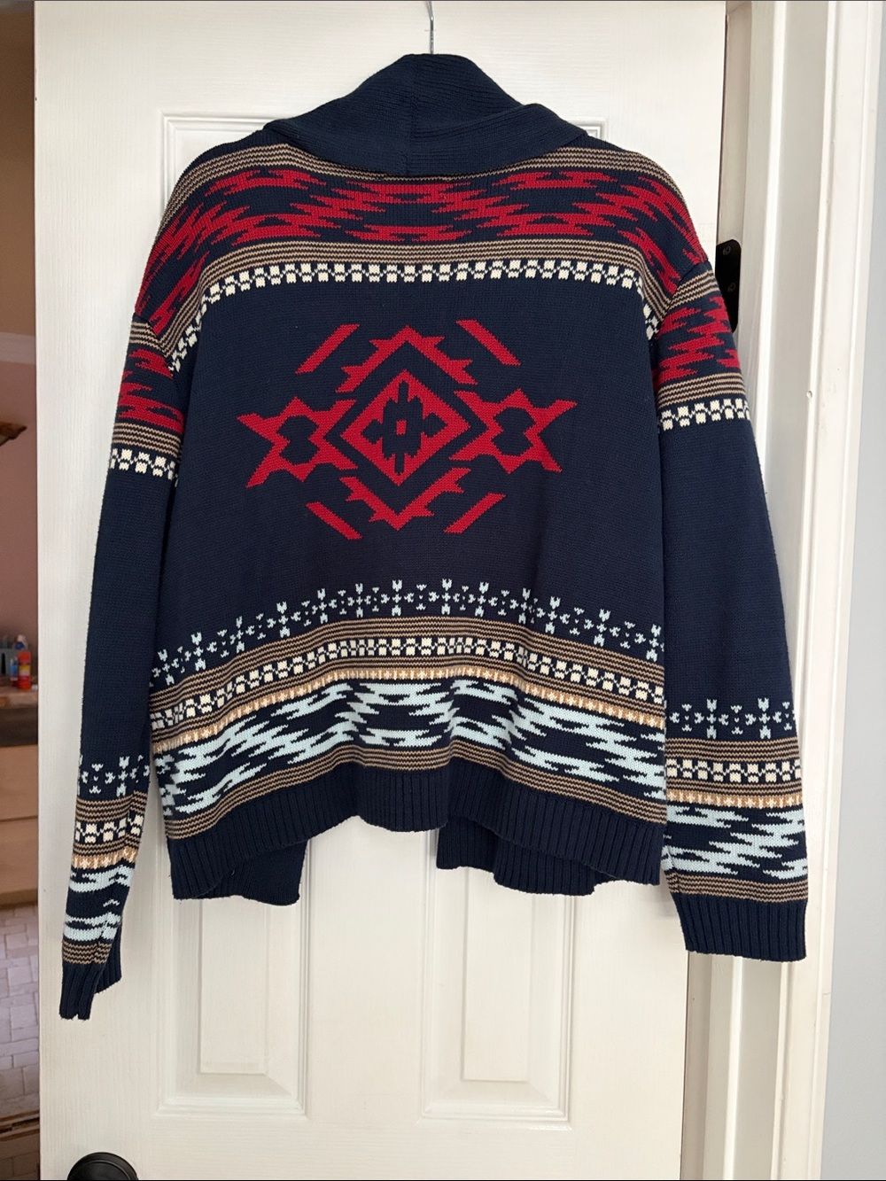 Lucky Brand Women’s Aztec Shawl Collar Cardigan Navy & Red - size Large